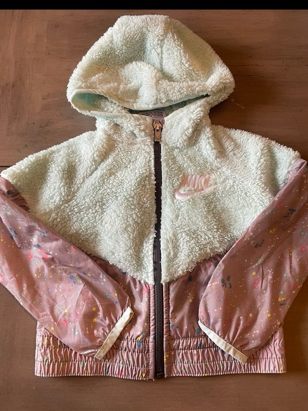 Nike Kids Mint Sherpa & Pink Patterned Hooded Puffer Jacket Sz 2